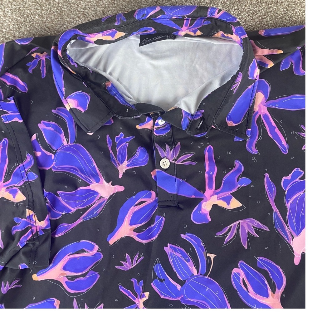 Sunday Swagger Mens 4XL Floral Orchid Performance Golf Polo Shirt Purple Black